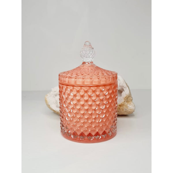 Peach luxe glass soy candle with lid, 220g, hand poured in Sydney
