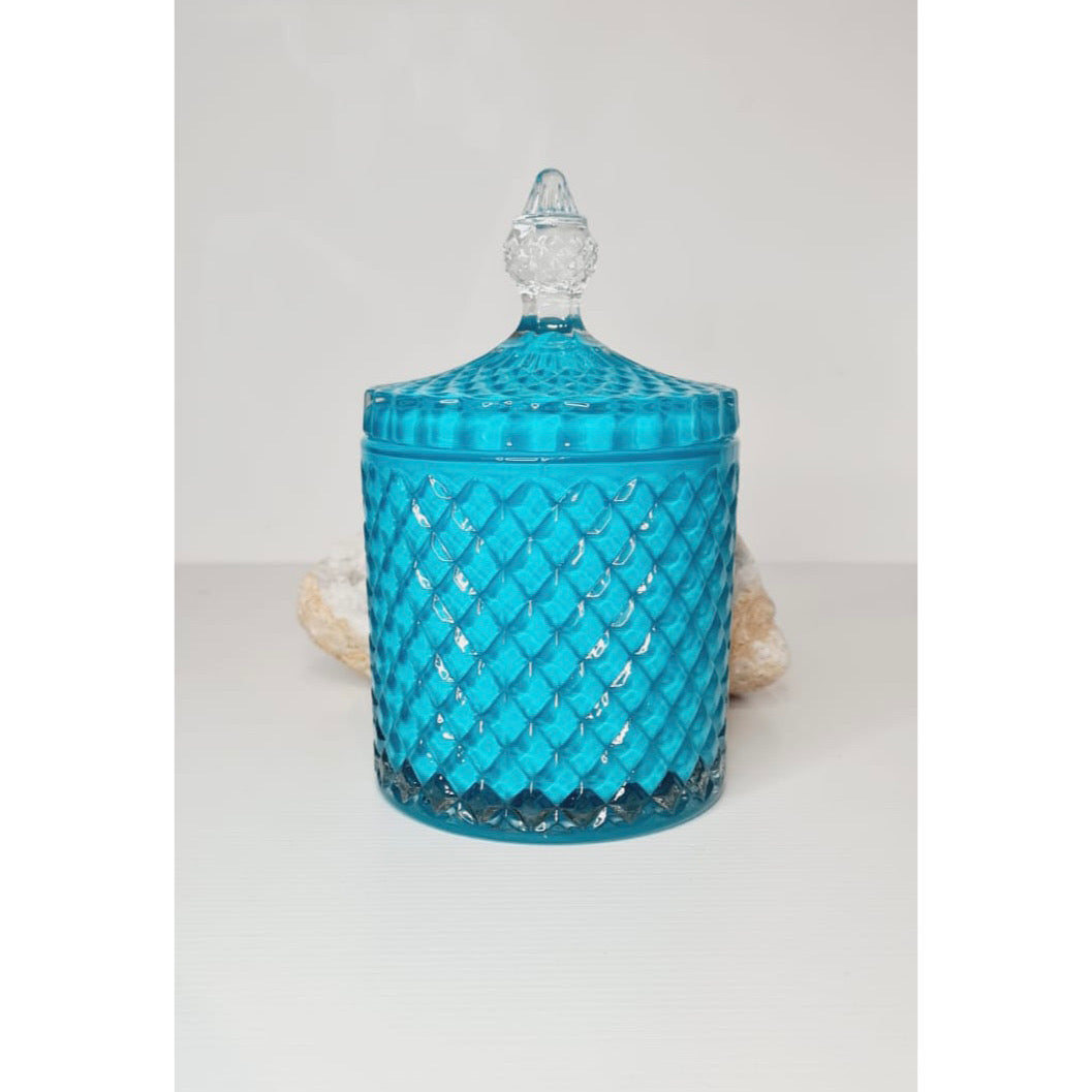 Blue luxe glass soy candle XL with lid, 450g, hand poured in Sydney