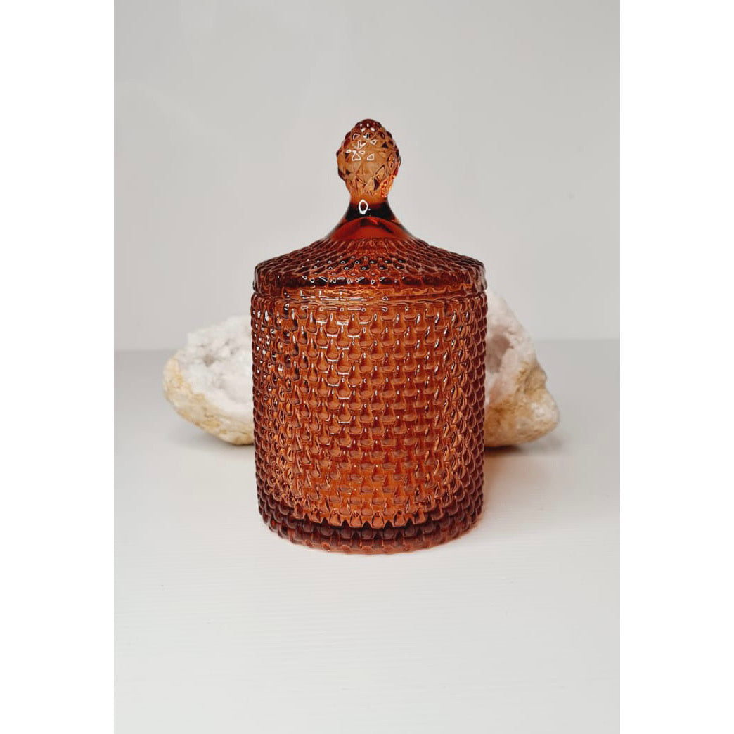 Amber luxe glass soy candle with lid, 220g, hand poured in Sydney