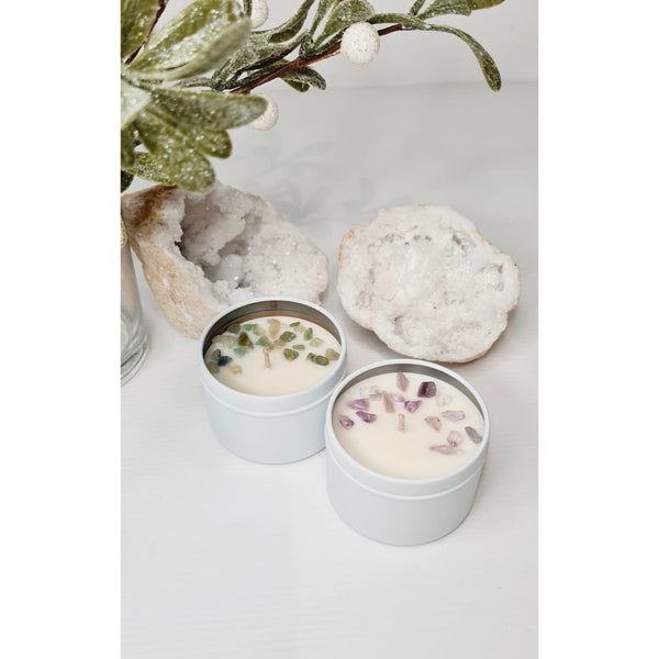Crystal candle tin with soy wax and crystal chips, personalised with a name