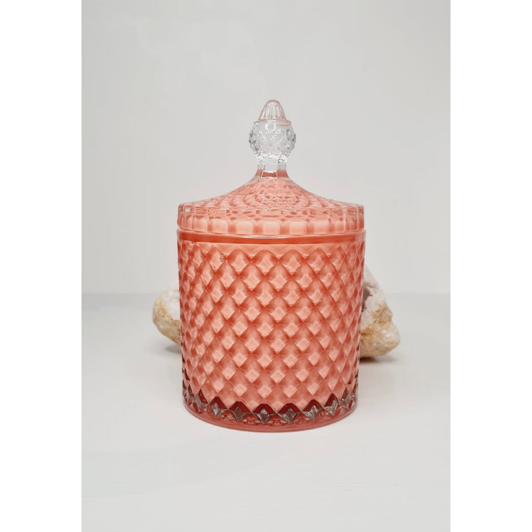 Peach luxe glass soy candle XL with lid, 450g, hand poured in Sydney