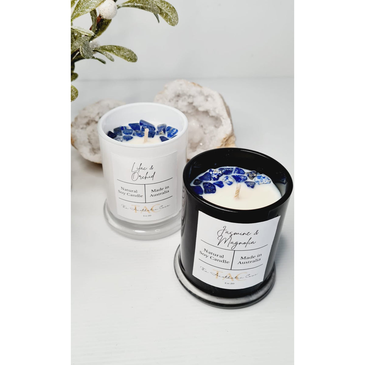 Lapis lazuli crystal candle jar with soy wax and crystal chips