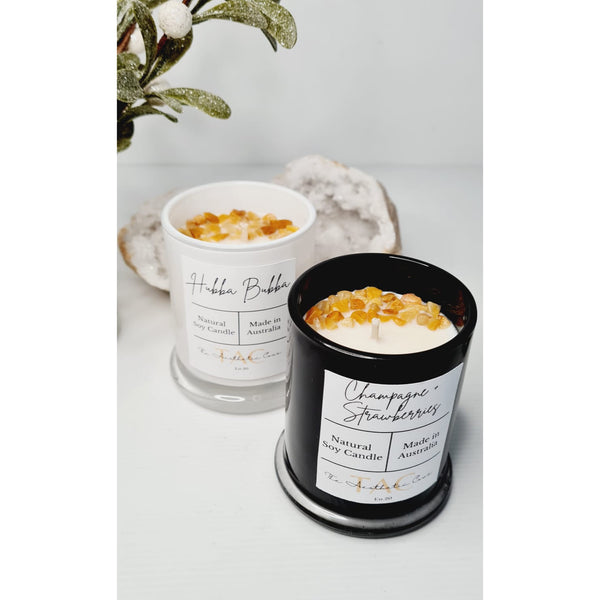Yellow aventurine crystal candle jar with soy wax and crystal chips