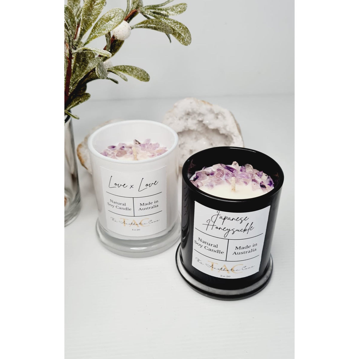 Amethyst crystal candle jar with soy wax and crystal chips, hand poured in Sydney
