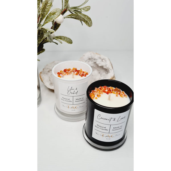 Carnelian crystal candle jar with soy wax and crystal chips, hand poured in Sydney