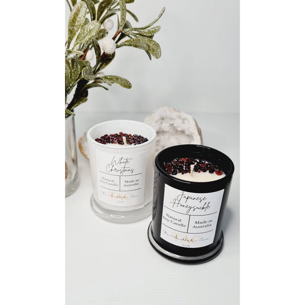 Garnet crystal candle jar with soy wax and crystal chips, hand poured in Sydney