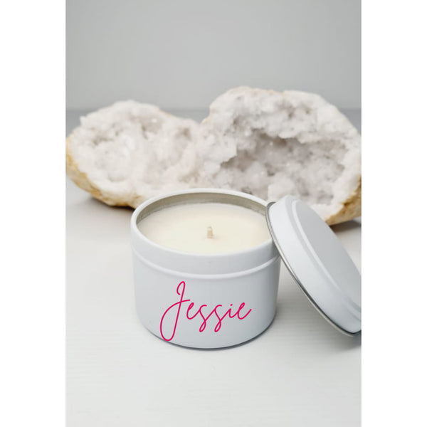 Personalised luxe white candle tin with soy wax and a name