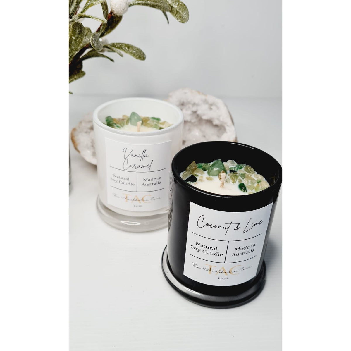 Green aventurine crystal candle jar with soy wax and crystal chips