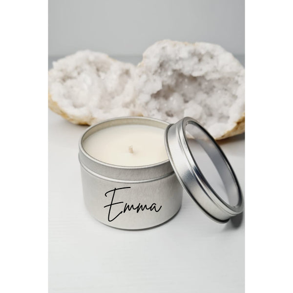 Personalised luxe silver window candle tin with soy wax and a name