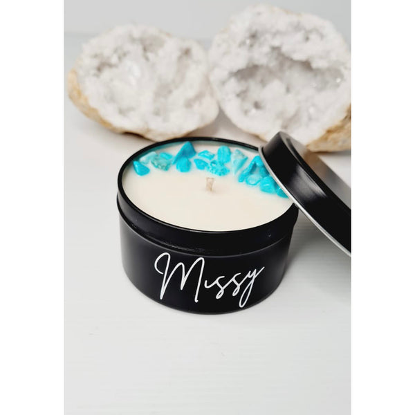 Luxe matte howlite soy candle tin with lid, personalised with a name
