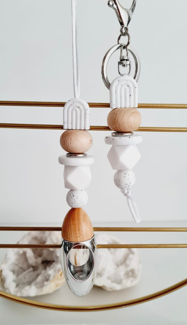 Speckle matching beaded car diffuser and keychain set, hand-strung in Sydney