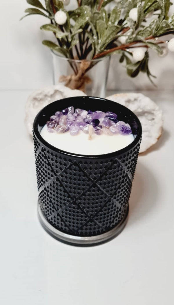 Amethyst crystal infused diamond soy candle, 350g, hand poured in Sydney