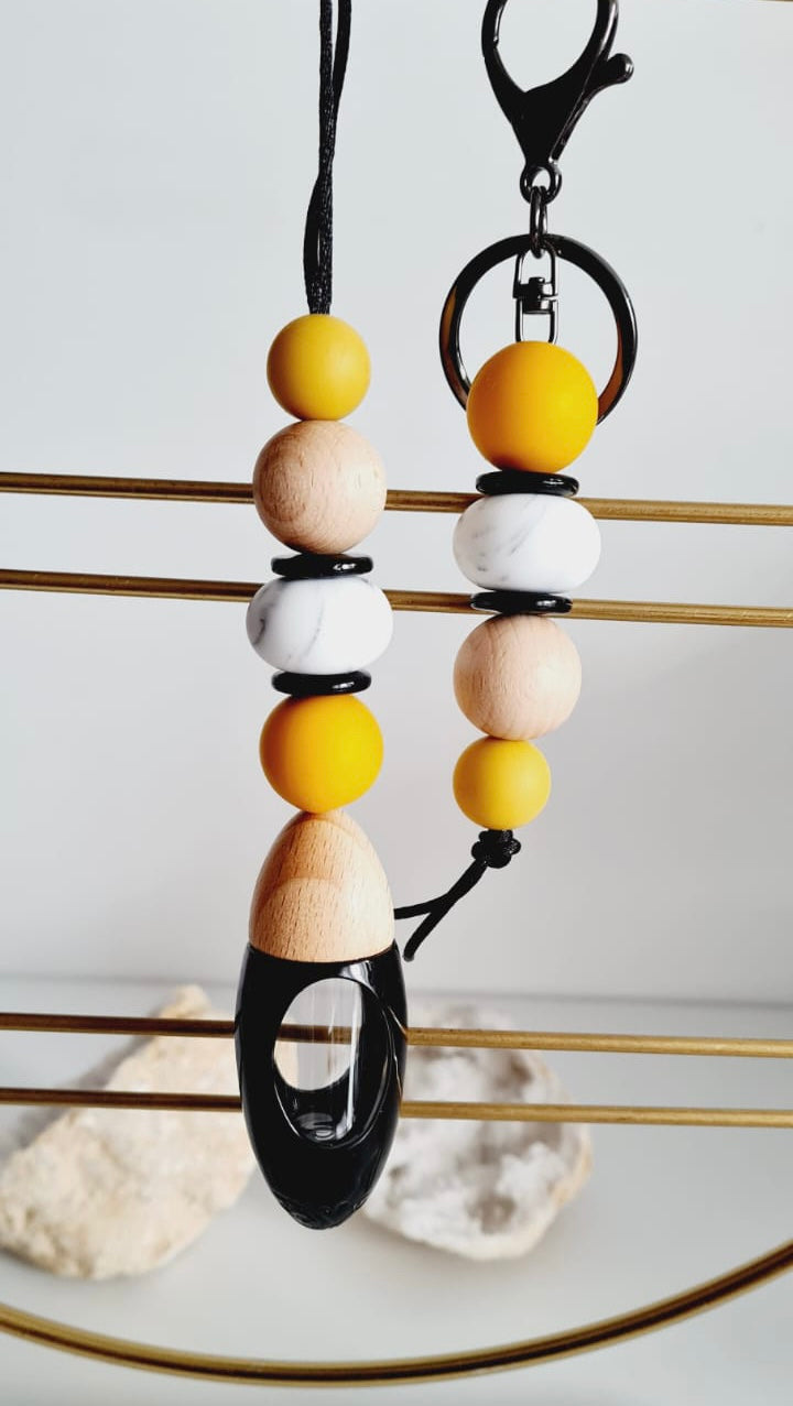 Marigold matching beaded car diffuser and keychain set, hand-strung in Sydney