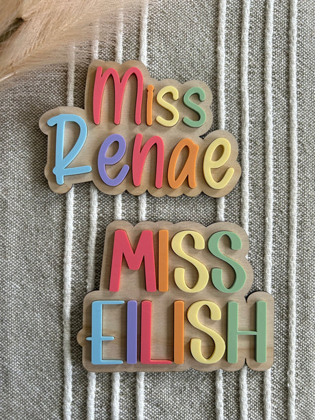 Personalised laser cut acrylic teacher magnets for classroom whiteboards and planning boards