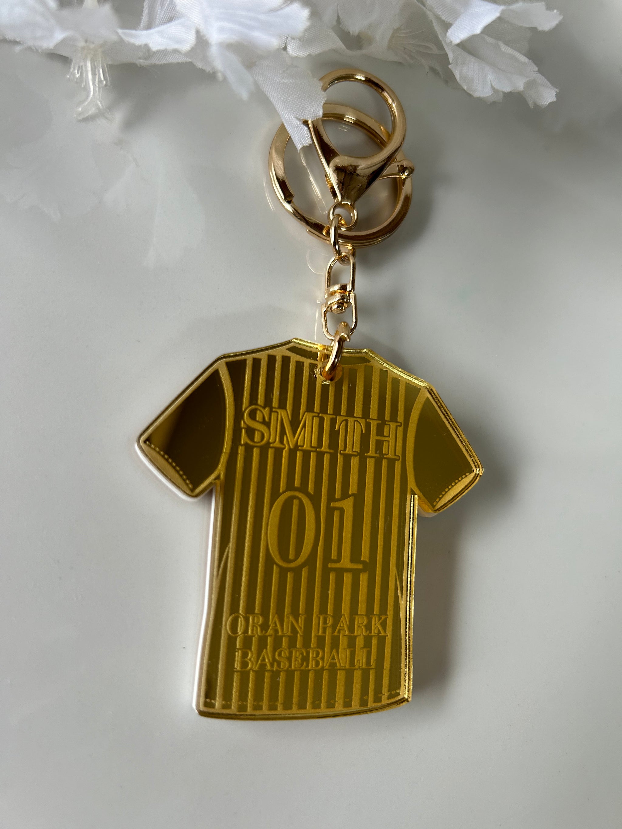 Personalised baseball jersey keyring in double layered mirrored acrylic with name and club