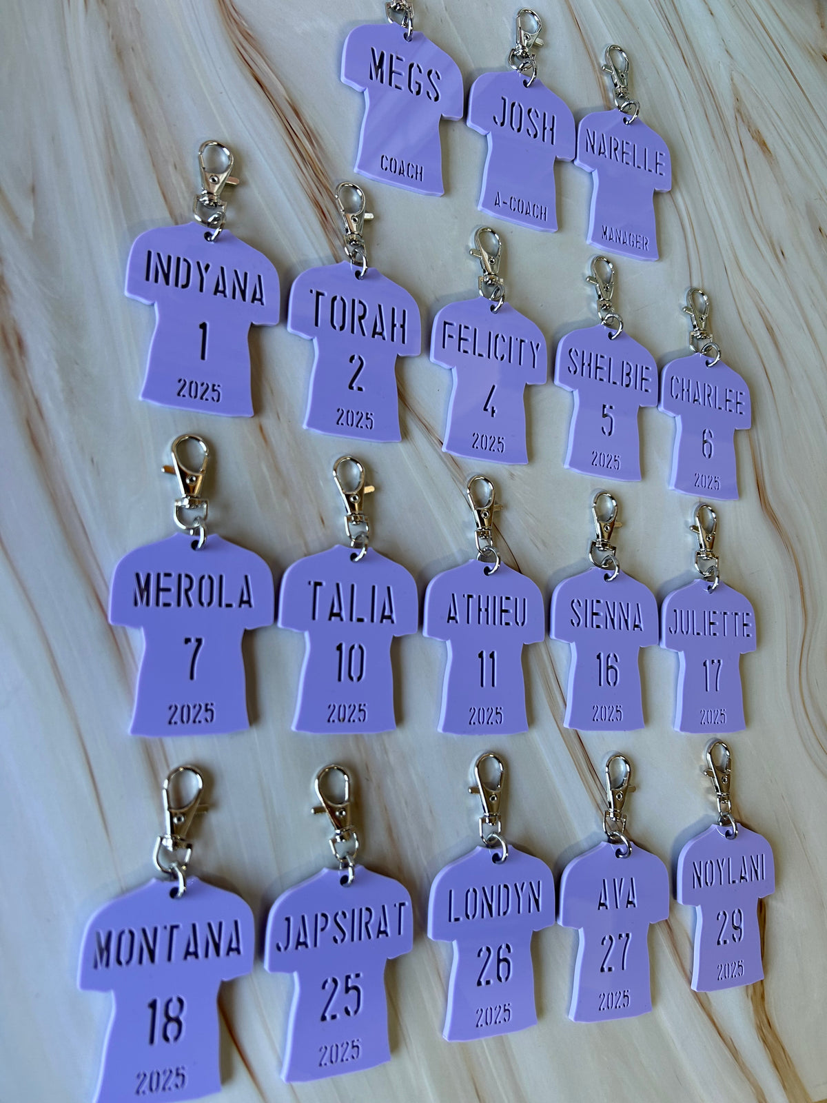 Personalised soccer bag tag in acrylic with player name and number