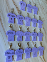 Personalised soccer bag tag in acrylic with player name and number