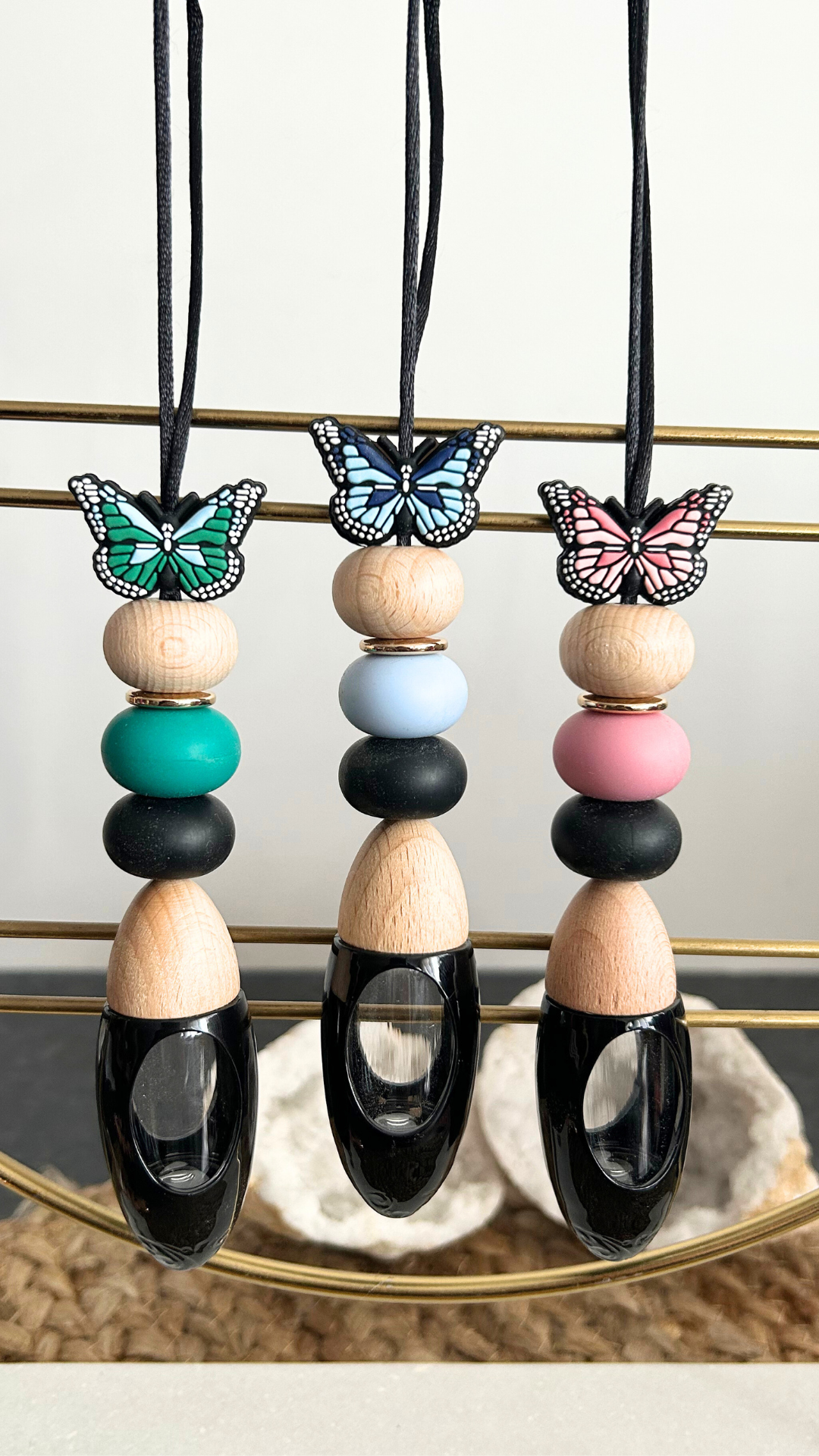 Butterfly silicone beaded car diffuser with a wooden lid, hanging air freshener