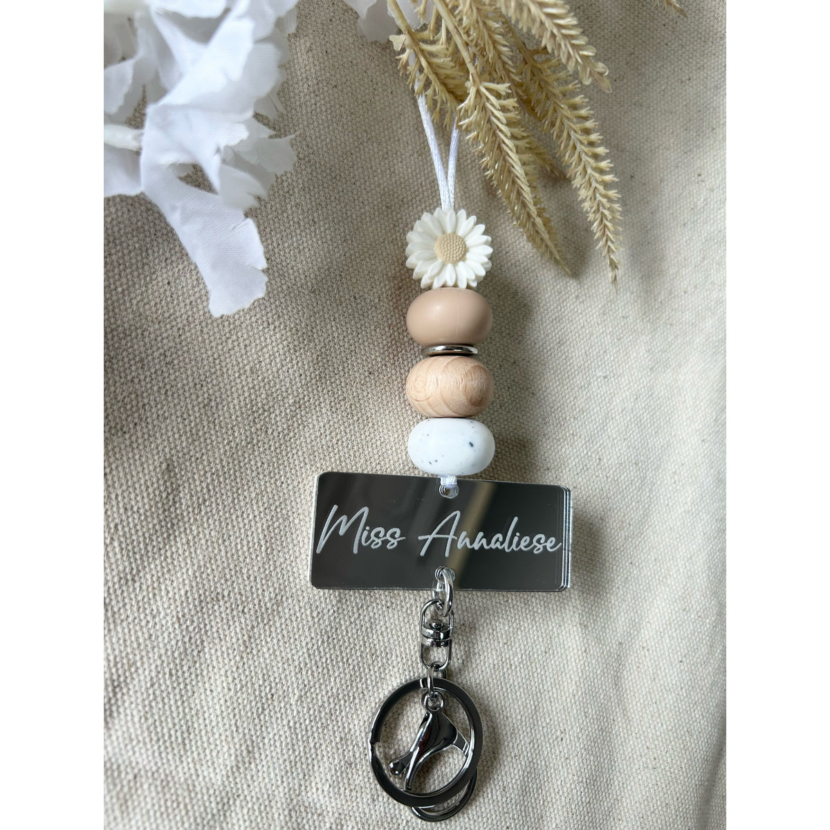 Personalised silicone beaded lanyard with engraved mirrored acrylic charm and matching lobster clasp