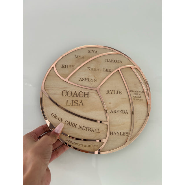 Personalised coach thank you plaque engraved with team name and season, in clear acrylic, handmade in Sydney