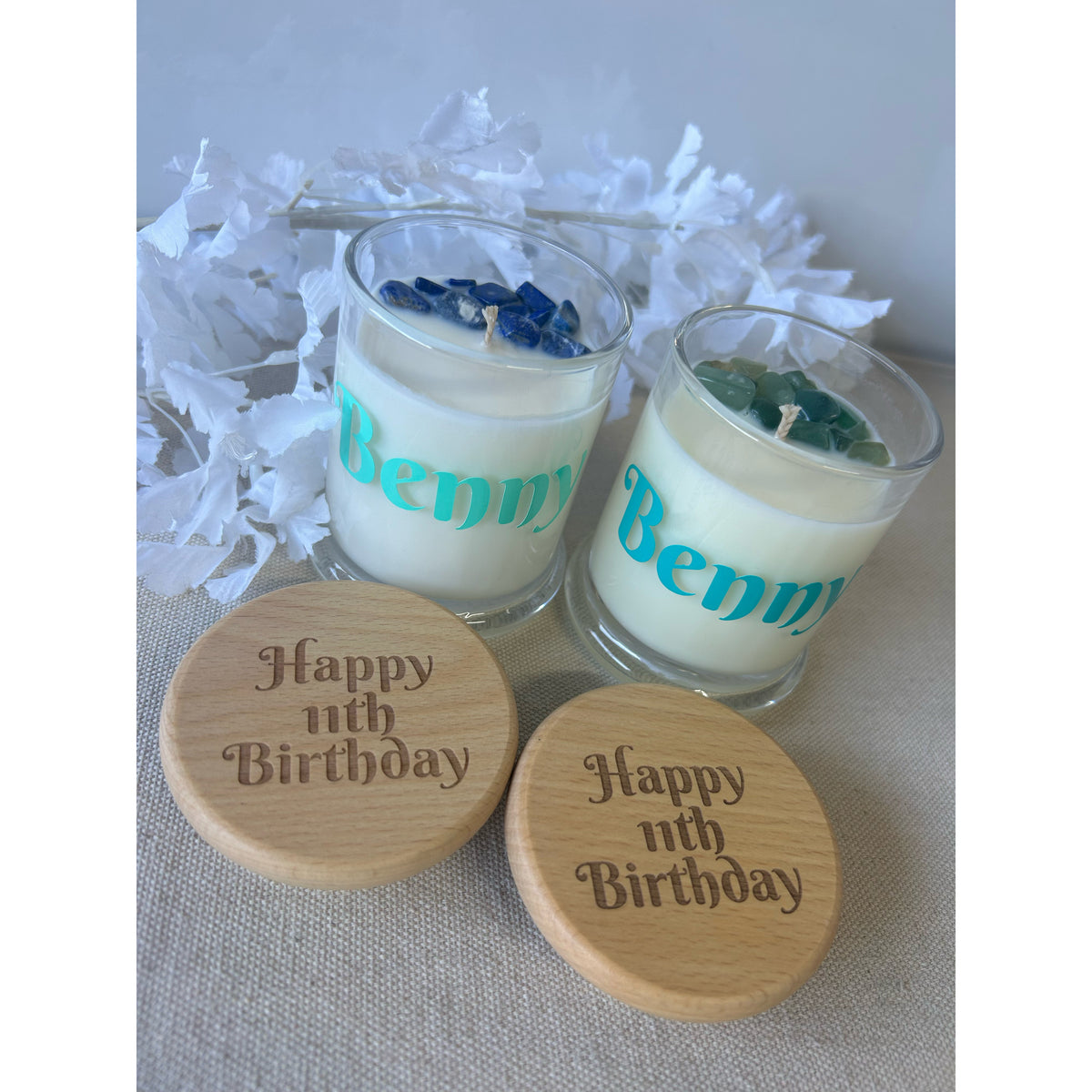 Soy Wax Candle With Engraved Wooden Lid And Infused Crystals, photo 2