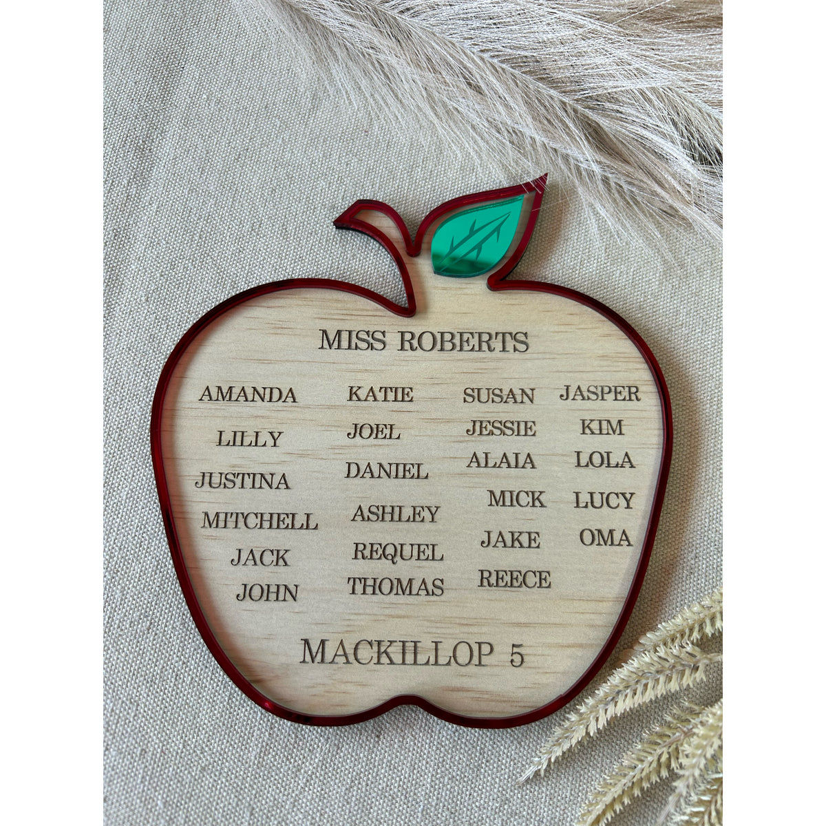 Personalised teacher plaque engraved on wood with an acrylic apple and leaf