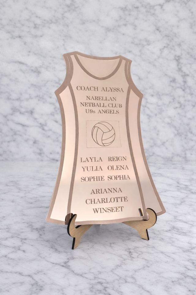 Personalised netball dress coach gift in engraved acrylic with club colours, handmade in Sydney