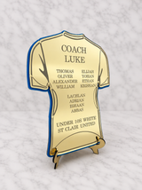 Personalised soccer jersey coach gift in mirrored acrylic, engraved with club name and year
