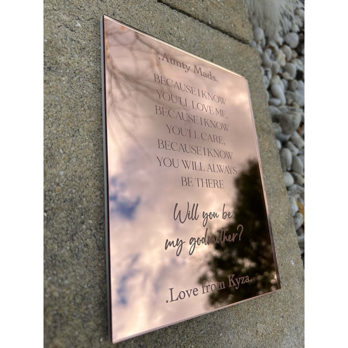 Personalised godmother mirror acrylic plaque engraved with names, handmade in Sydney
