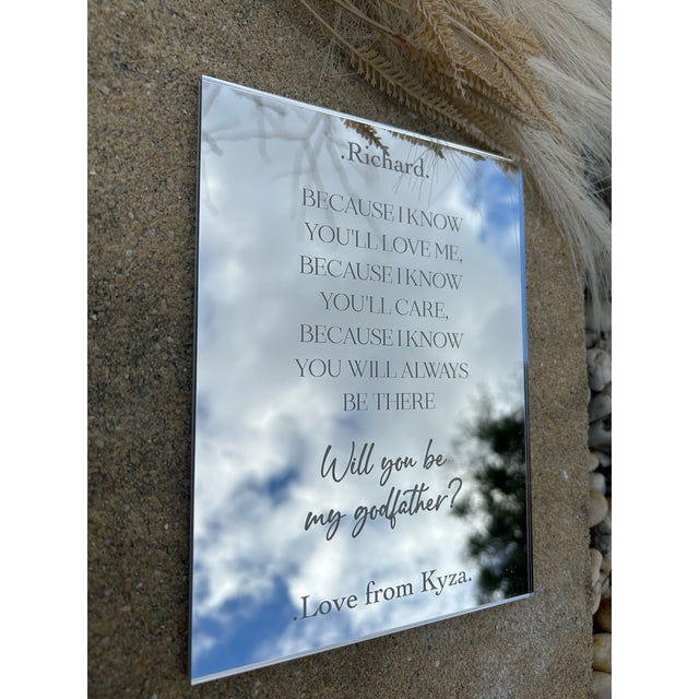 Personalised godfather mirror acrylic plaque engraved with names and a message