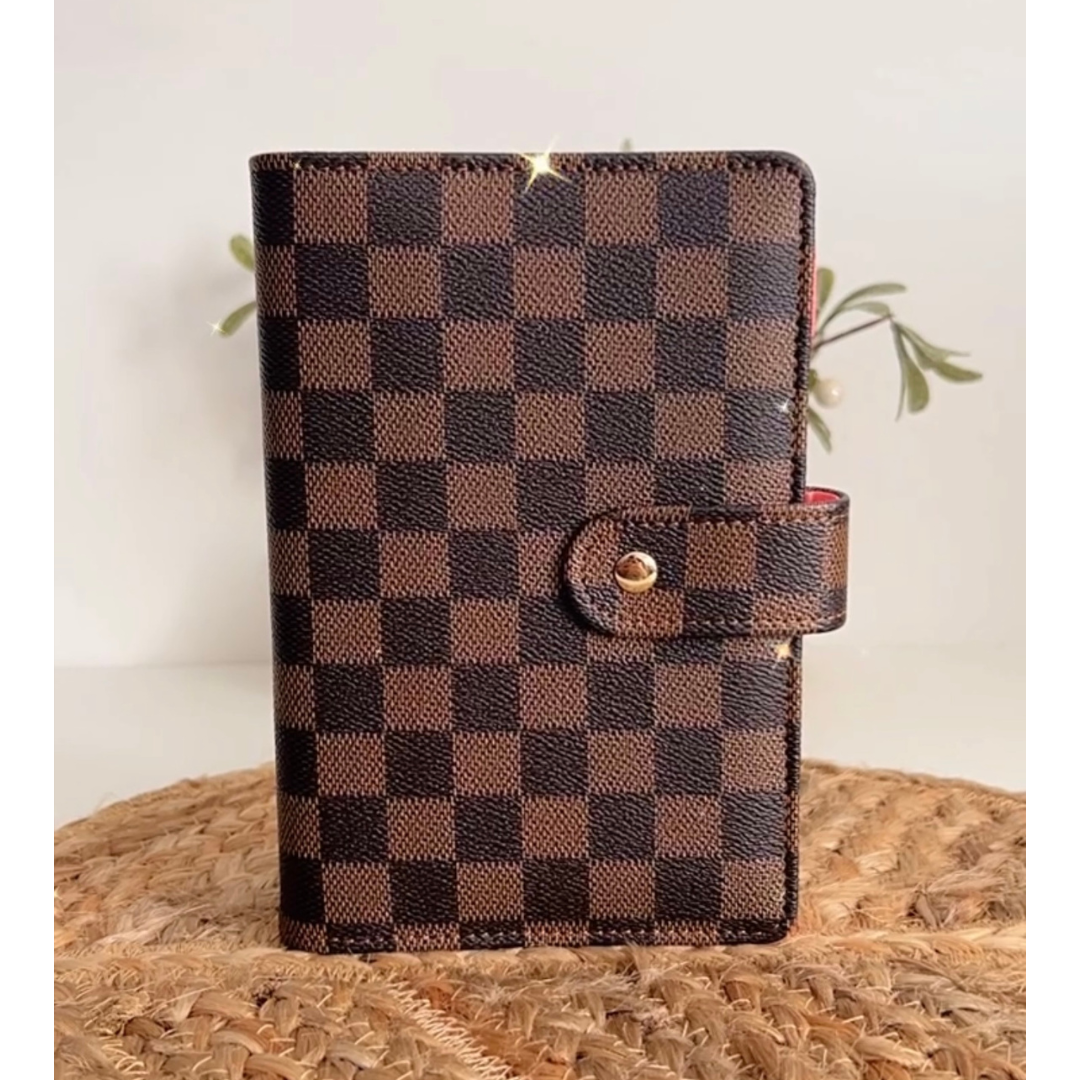 Brown luxe checkered A6 budget binder with five cash envelopes for cash stuffing