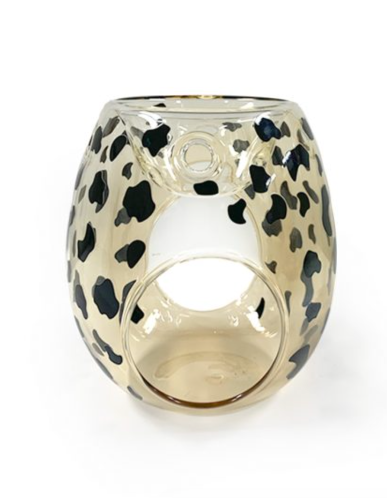Tan cheetah print glass wax melt burner with tea light