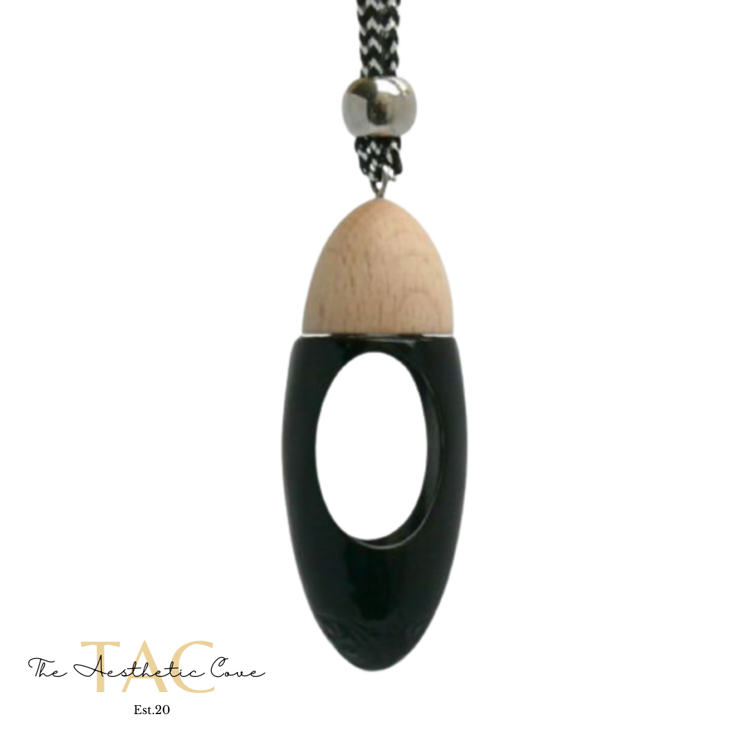 Black bullet silicone beaded car diffuser with a wooden lid, hanging air freshener