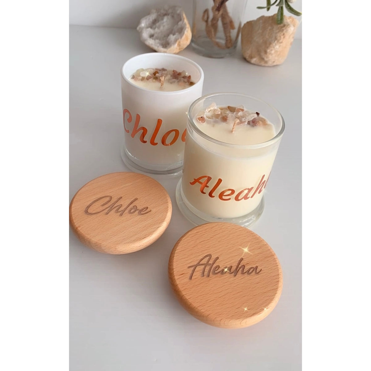 Soy Wax Candle With Engraved Wooden Lid And Infused Crystals, photo 3