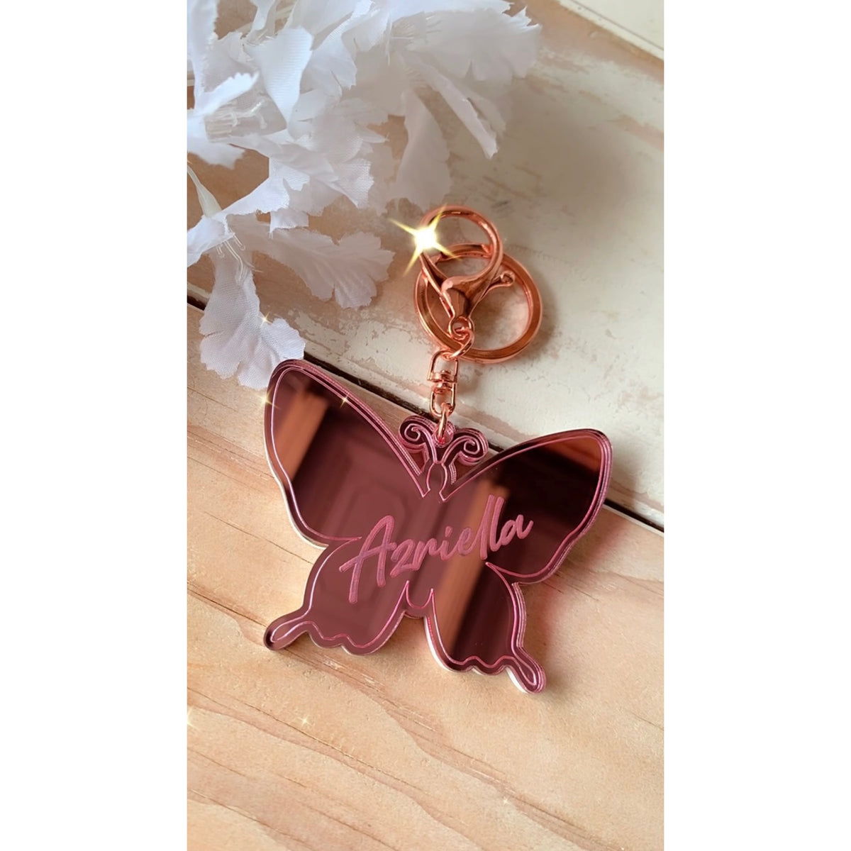 Personalised mirror butterfly keyring in rose gold acrylic with a lobster clasp