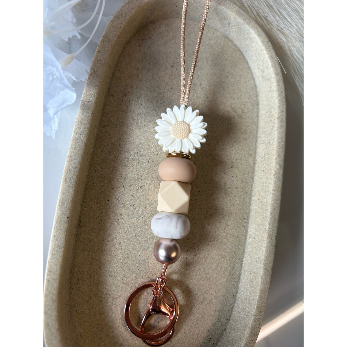 Avery beaded lanyard in silicone and beech beads with a personalised engraved acrylic piece