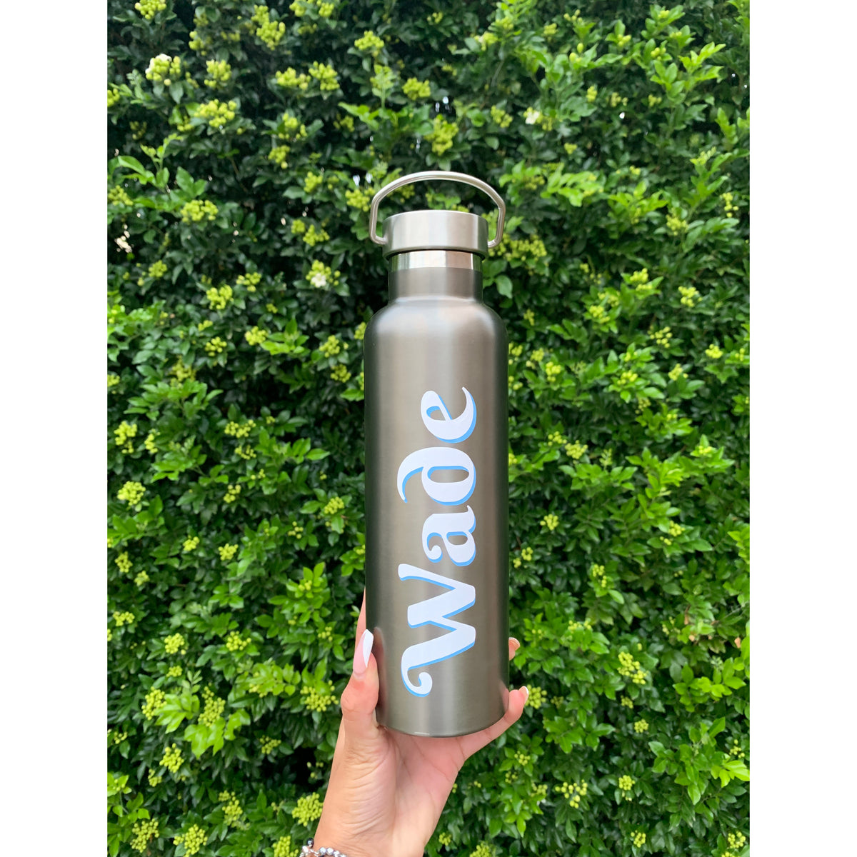 Personalised grey stainless steel drink bottle, 700mL, double walled